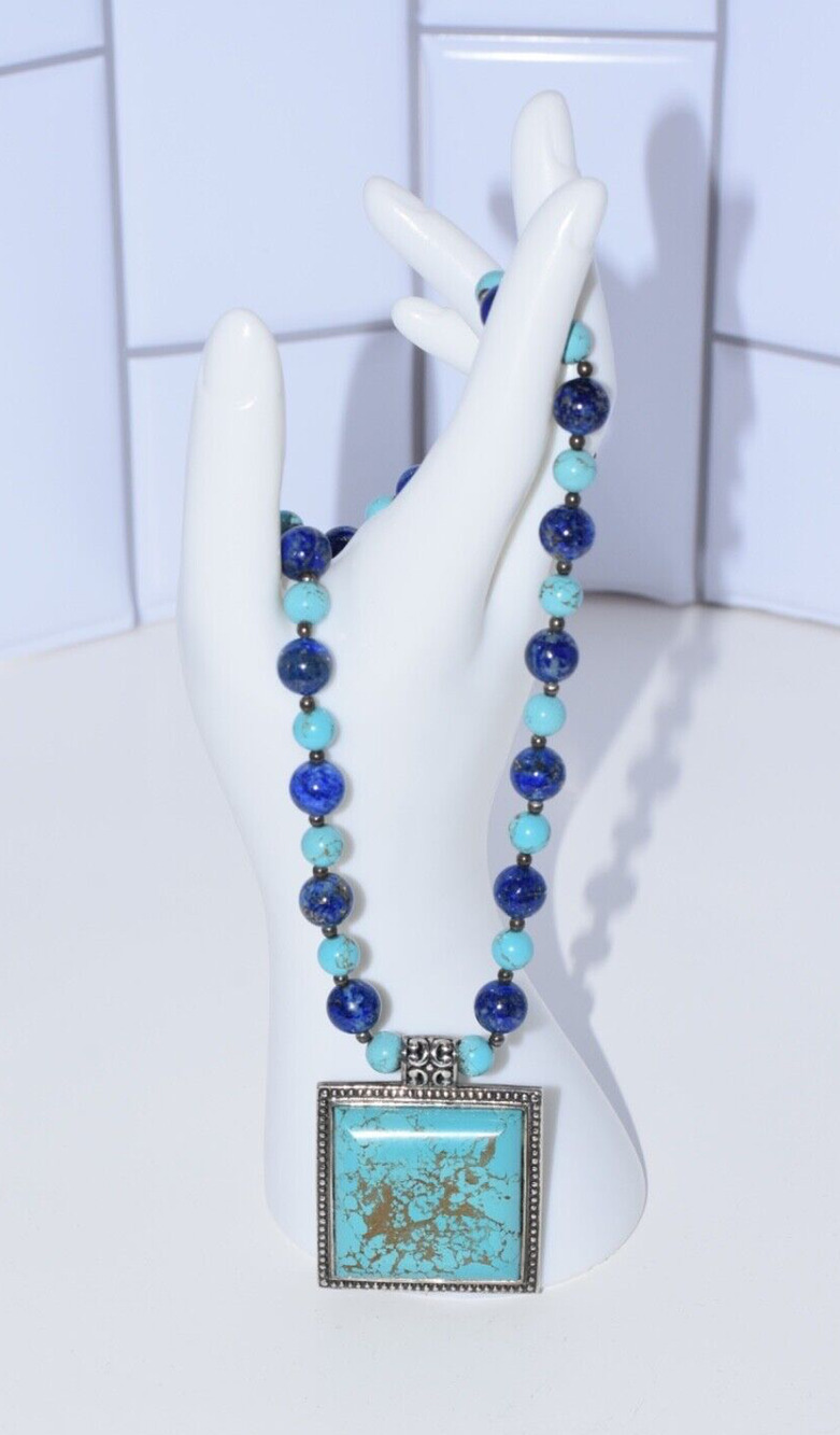 GSJ CN 925 STERLING SILVER, LAPIS & TURQUOISE DESIGNER BEAD & PENDANT NECKLACE